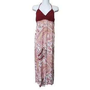 American Rag Dress Medium Red Maxi Crochet Paisley Floral Boho Halter